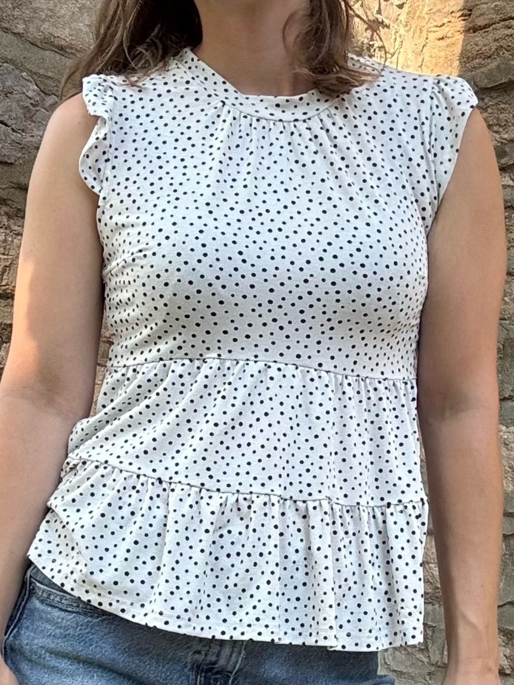 Monteau Black and White Polka Dot Ruffle Blouse